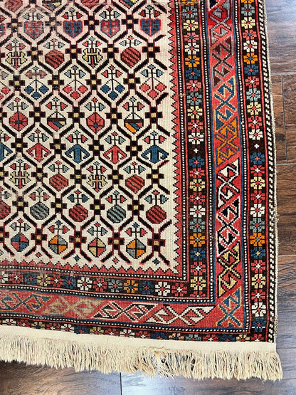 Antique Caucasian Rug 4x5, Hand Knotted Handmade Shirvan Oriental Carpet, Ivory Red Rug Allover Pattern, Rare Wool Rug, Tribal Geometric Rug