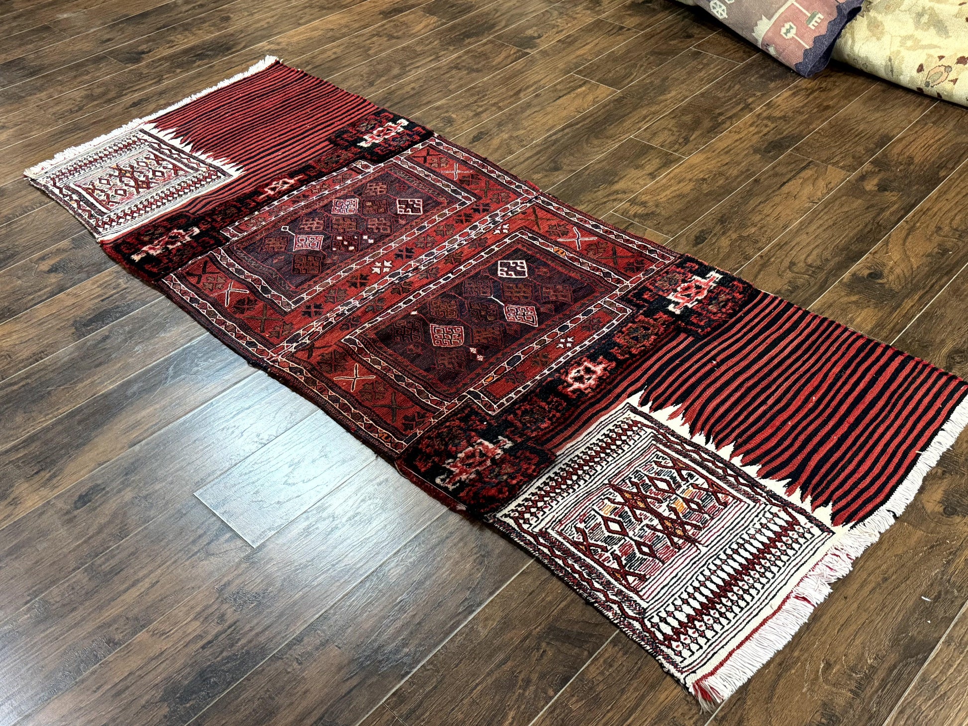 Persian Tribal Nomadic Saddle Cover Rug, Antique, Handmade, Wool, Red Ivory Black, Collectible, Shashavan - Nuvé