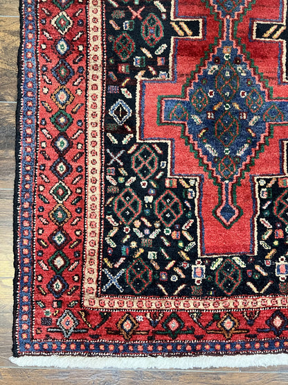 Persian Kurdish Senneh Runner Rug 3x9, Red Navy Blue, Medallions Wool Tribal Runner for Kitchen/Hallway 9ft Antique Handmade Oriental Runner