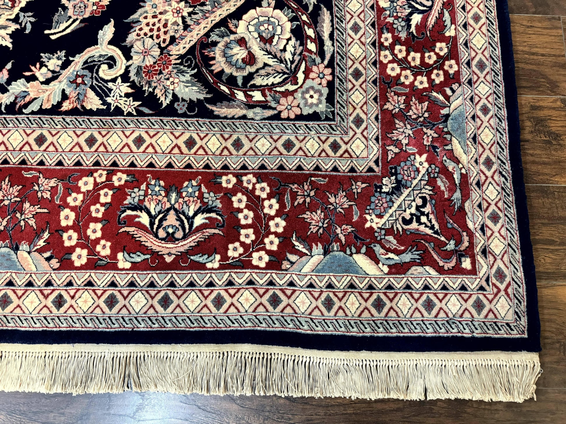 Sino Persian Rug 8x10, Floral Kirman Carpet, Navy Blue and Red, Floral Vases, Handmade Vintage Wool Carpet, 320 KPSI - Nuvé