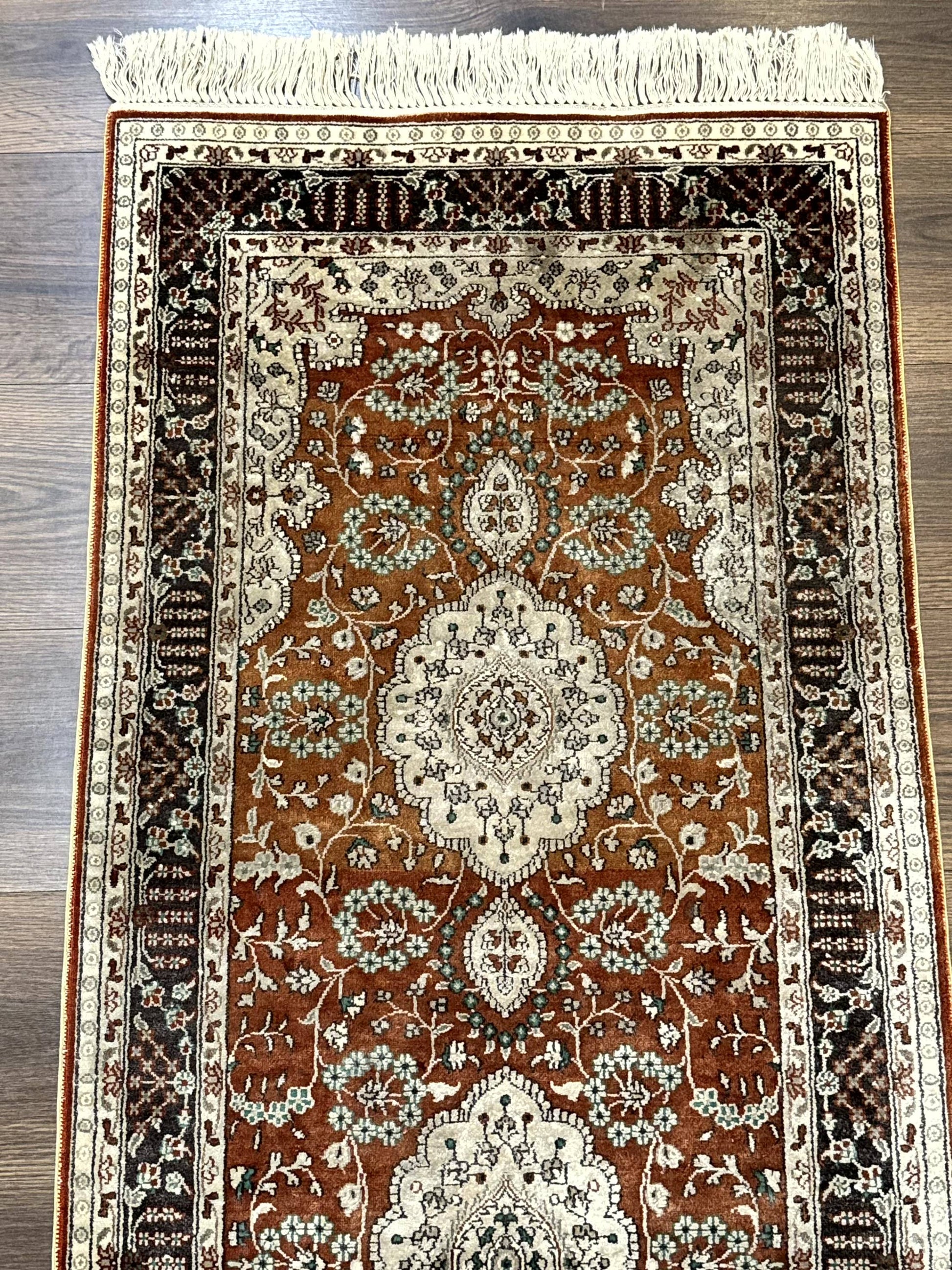 Turkish Silk Narrow Runner Rug 2 x 5.8, Very Fine 340 KPSI, Floral Medallions, Red - Nuvé