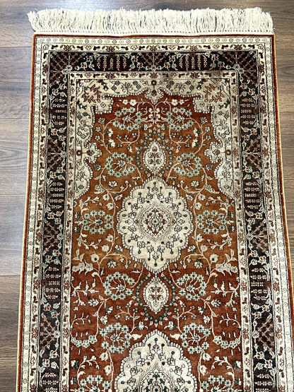 Turkish Silk Narrow Runner Rug 2 x 5.8, Very Fine 340 KPSI, Floral Medallions, Red - Nuvé