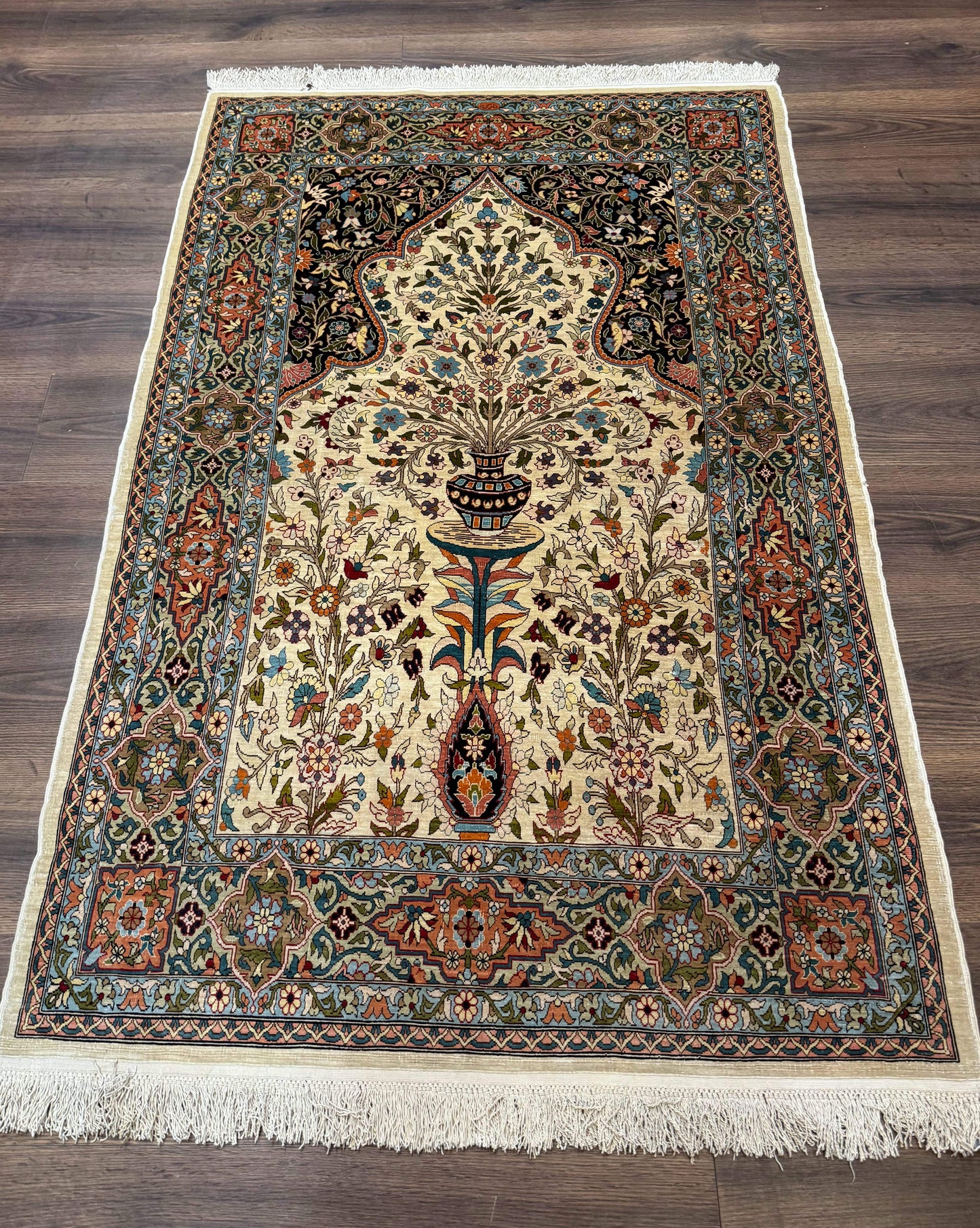 Rare Turkish Hereke Silk Rug 3x5, Tree of Life Persian Vase Design, Very Fine 440 KPSI, Signed - Nuvé