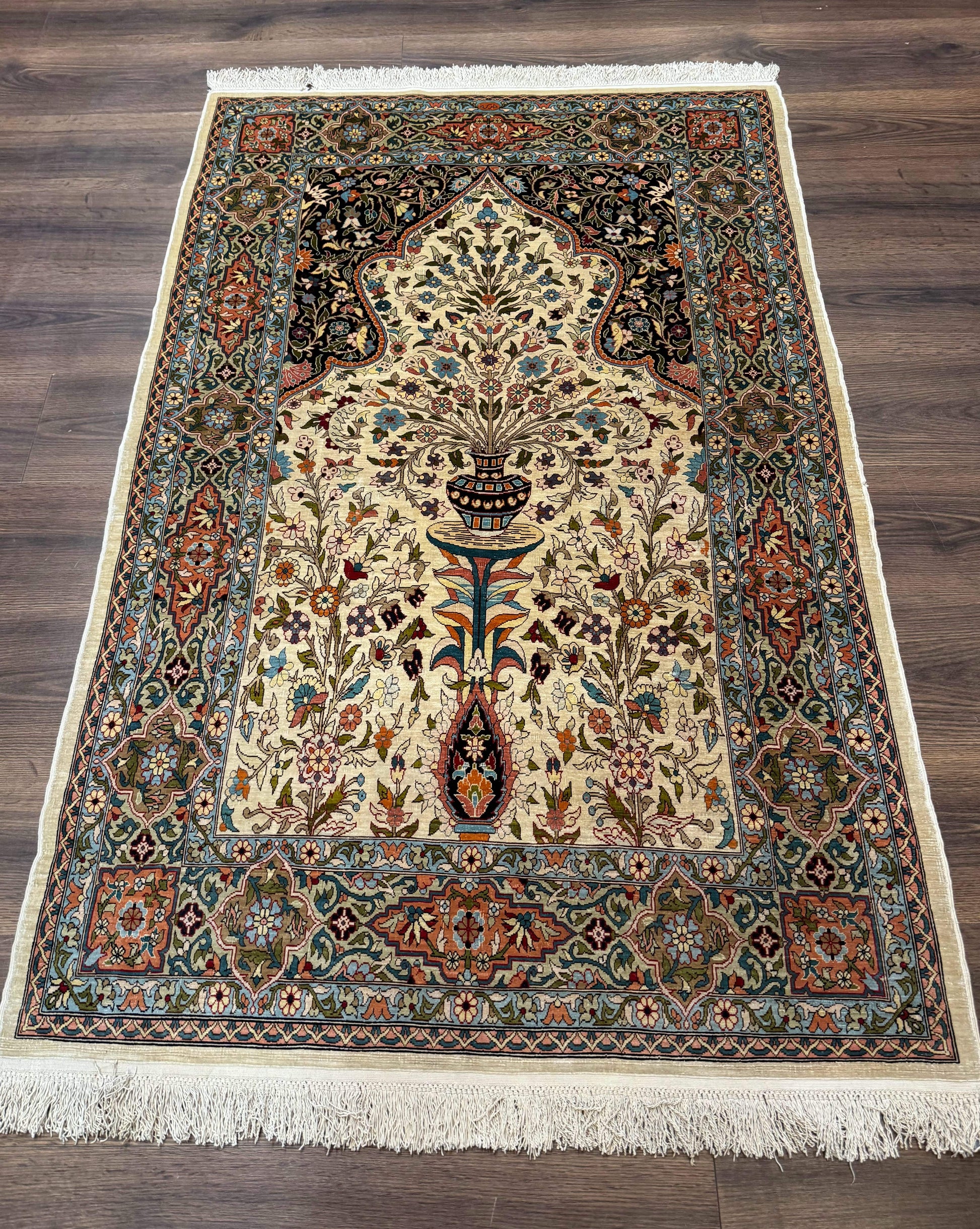 Rare Turkish Hereke Silk Rug 3x5, Tree of Life Persian Vase Design, Very Fine 440 KPSI, Signed - Nuvé