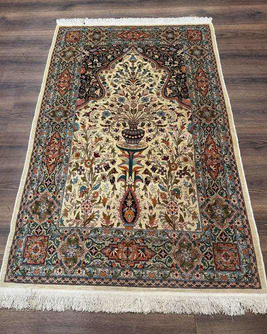 Rare Turkish Hereke Silk Rug 3x5, Tree of Life Persian Vase Design, Very Fine 440 KPSI, Signed - Nuvé