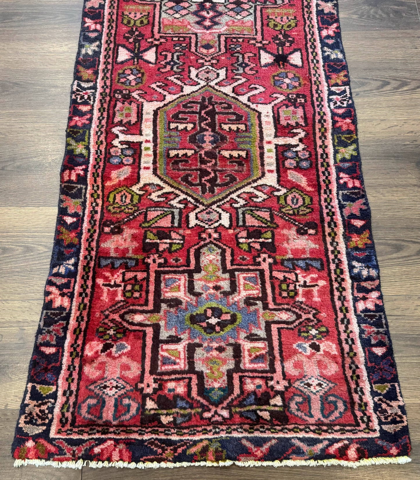Persian Heriz Karajeh Runner Rug 2x9, Geometric Medallions, Red Navy Blue, 2 x 9 Rug for Hallway - Nuvé