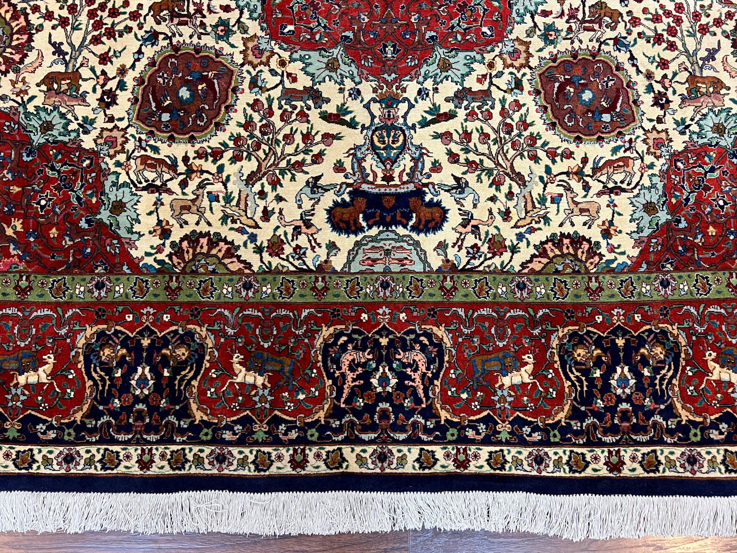 Wonderful Sino Persian Rug 6x10 with Animal Pictorial Motifs, Cream Dark Red Navy Blue, Birds Gazelles, Two Medallions, Top Quality Handmade - Nuvé