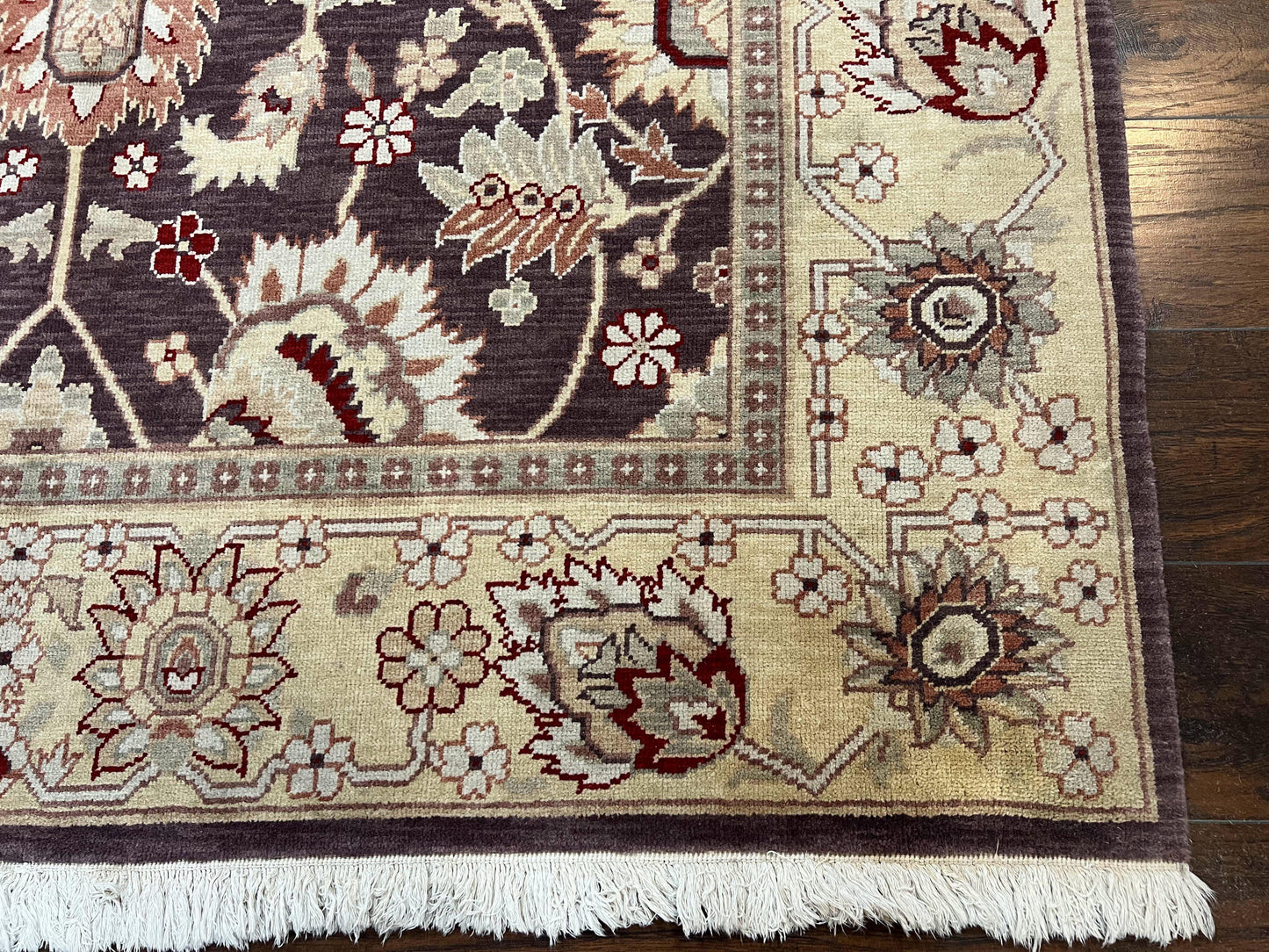 Vintage Indo Mahal Area Rug 6x9, Indian Persian Oriental Carpet 6 x 9, Puce Eggplant Tan Beige Rug, Hand-Knotted, Large Floral Design Wool - Nuvé
