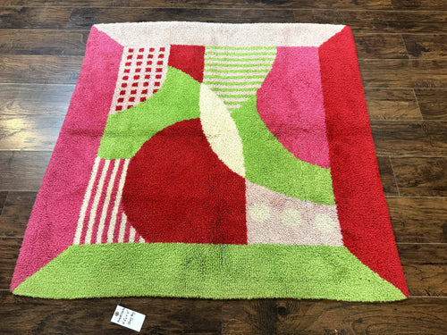 European Shag Rug 4.8 x 4.8, Modern Abstract Design, Green Pink Red, Square Shag Rug, Unique - Nuvé