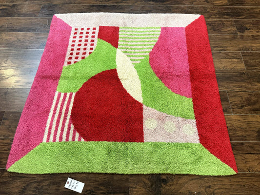 European Shag Rug 4.8 x 4.8, Modern Abstract Design, Green Pink Red, Square Shag Rug, Unique - Nuvé