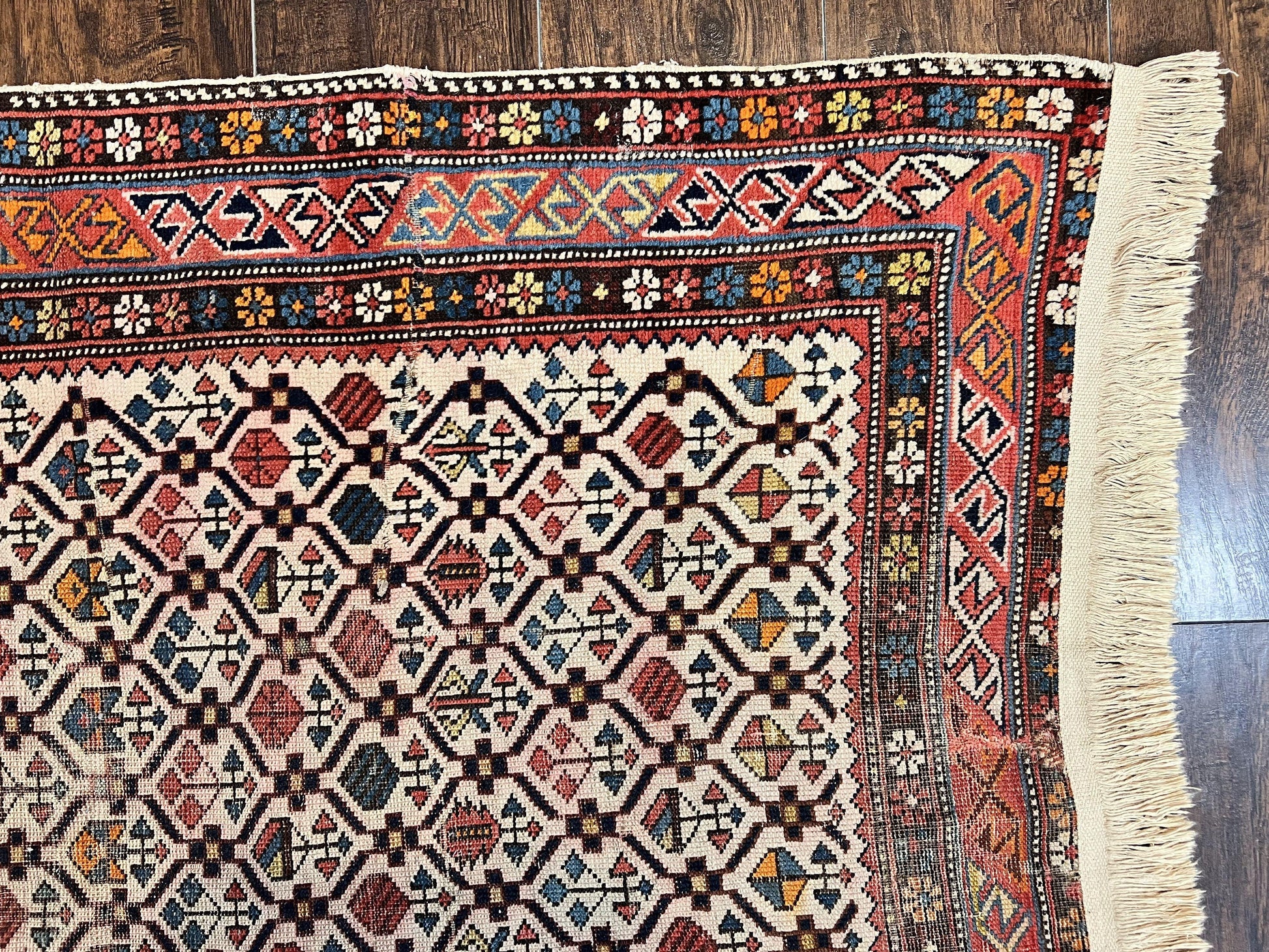 Antique Caucasian Rug 4x5, Hand Knotted Handmade Shirvan Oriental Carpet, Ivory Red Rug Allover Pattern, Rare Wool Rug, Tribal Geometric Rug - Nuvé