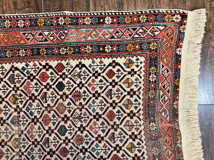 Antique Caucasian Rug 4x5, Hand Knotted Handmade Shirvan Oriental Carpet, Ivory Red Rug Allover Pattern, Rare Wool Rug, Tribal Geometric Rug - Nuvé