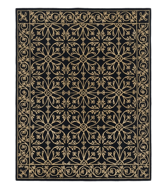 Tibetan Rug 8x10, Wool and Silk, Raised Pattern, Black and Gold, Floral