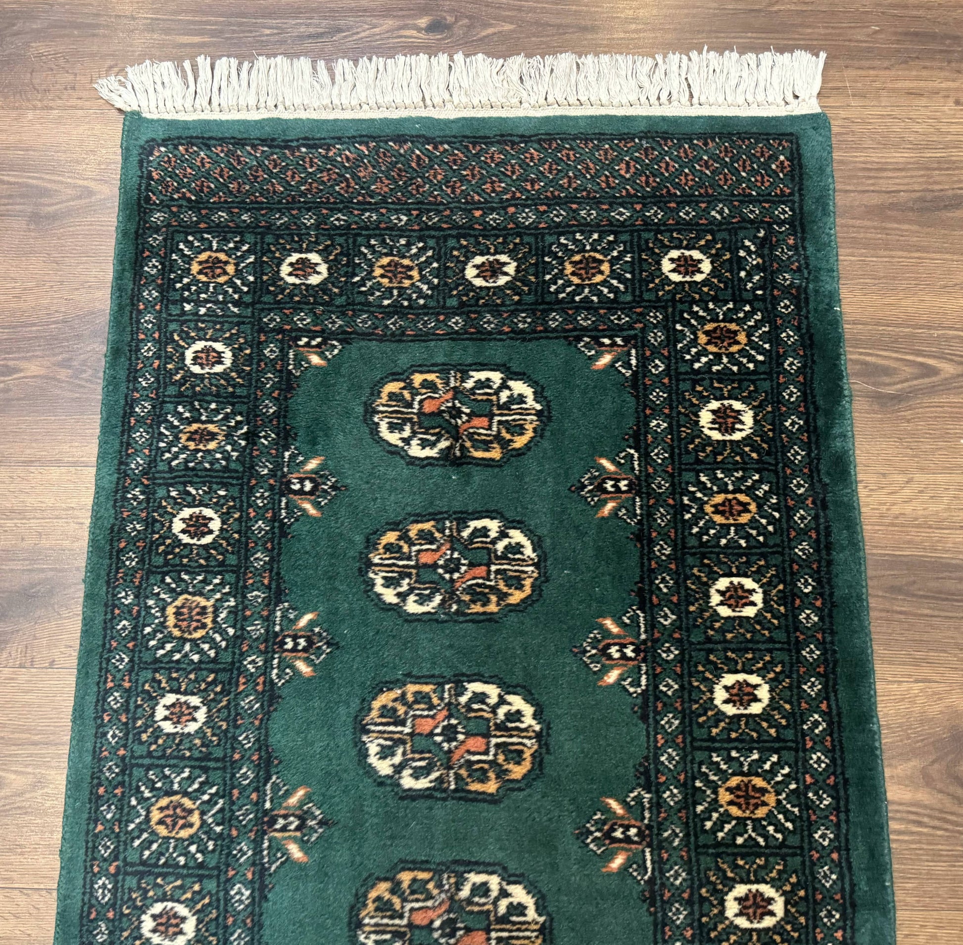 Pakistani Bokhara Runner Rug 2.5 x 11, Green Turkoman Wool Runner for Hallway - Nuvé