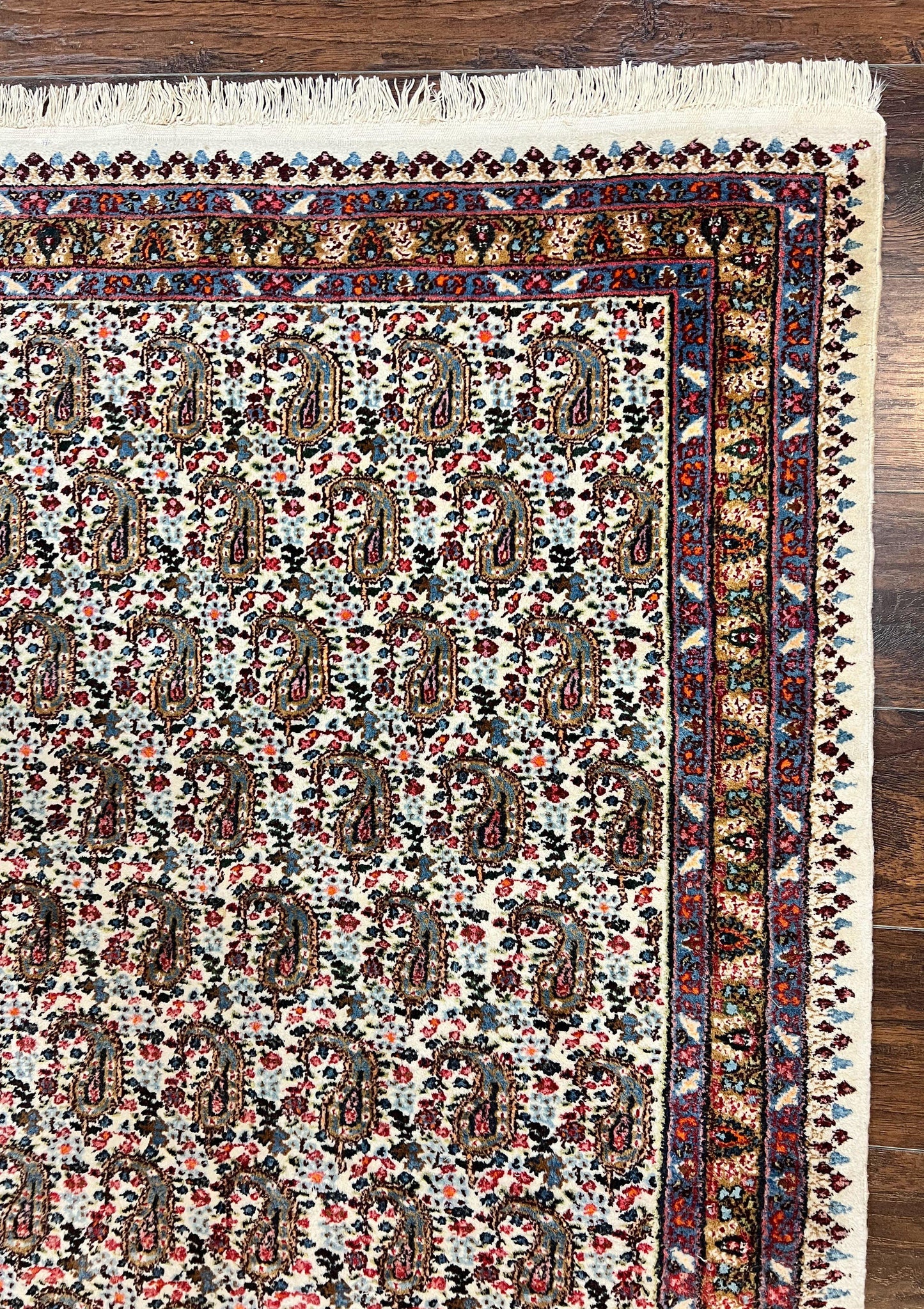 Persian Rug 4x6, Mashad Kashmar Rug, Boteh Paisley Design, Allover Repeated Pattern, Ivory Hand Knotted Vintage Semi Antique Persian Oriental Carpet - Nuvé