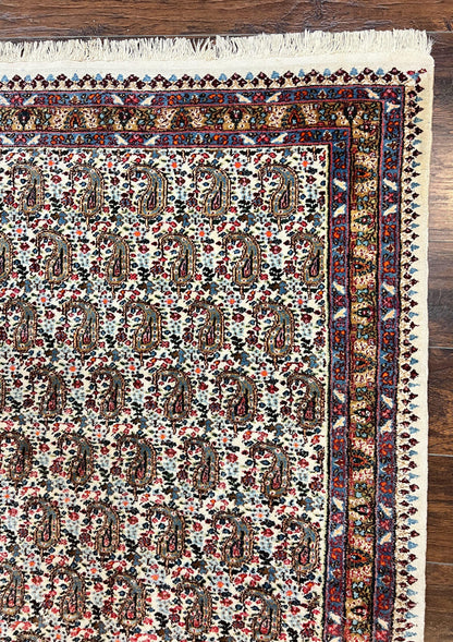 Persian Rug 4x6, Mashad Kashmar Rug, Boteh Paisley Design, Allover Repeated Pattern, Ivory Hand Knotted Vintage Semi Antique Persian Oriental Carpet - Nuvé