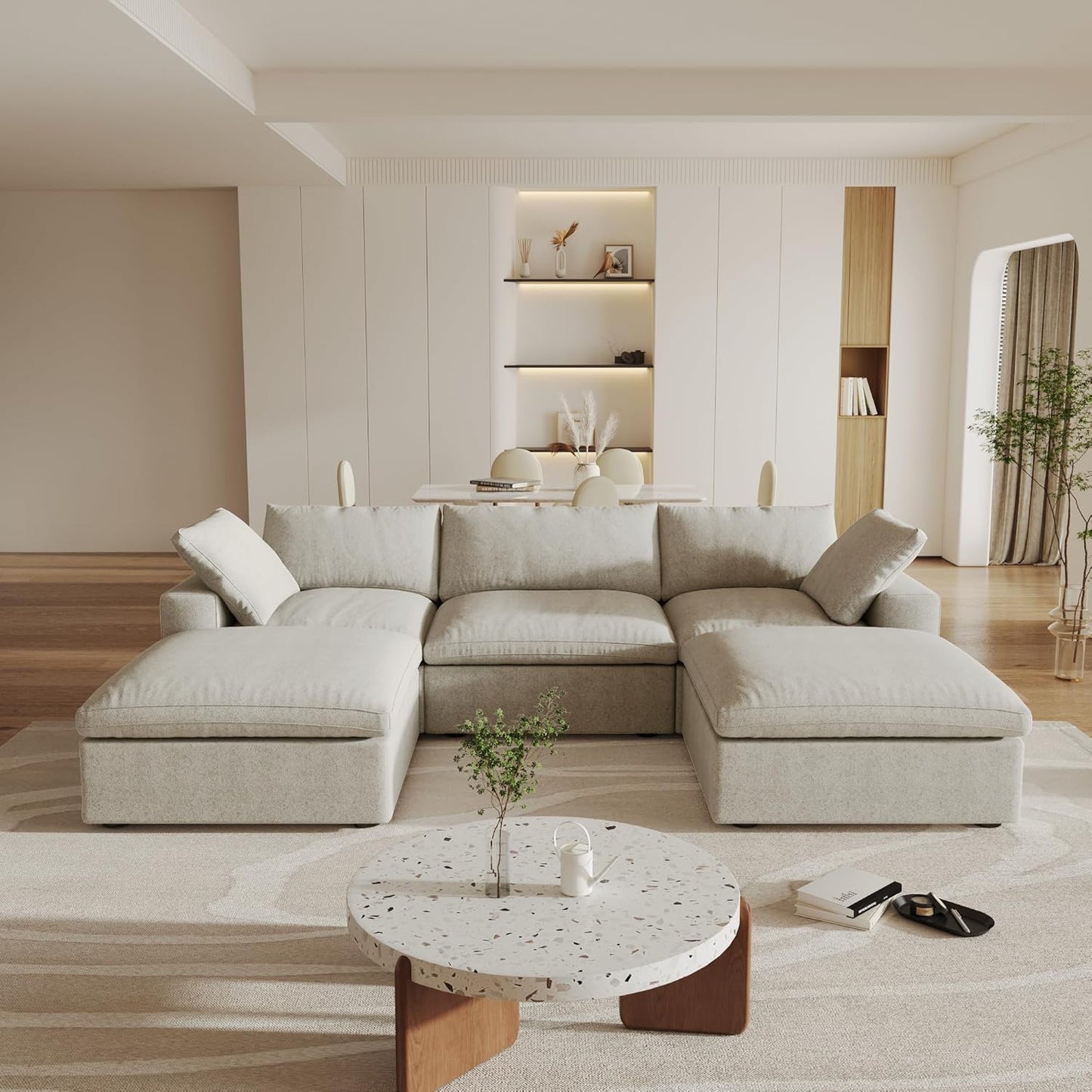Nuvé® Solace Modular Bouclé Cloud Sofa - Khaki - 3-Seater Sectional Sofa with 2 Ottomans - Nuvé