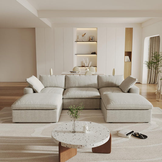 Nuvé® Solace Modular Bouclé Cloud Sofa - Khaki - 3-Seater Sectional Sofa with 2 Ottomans - Nuvé