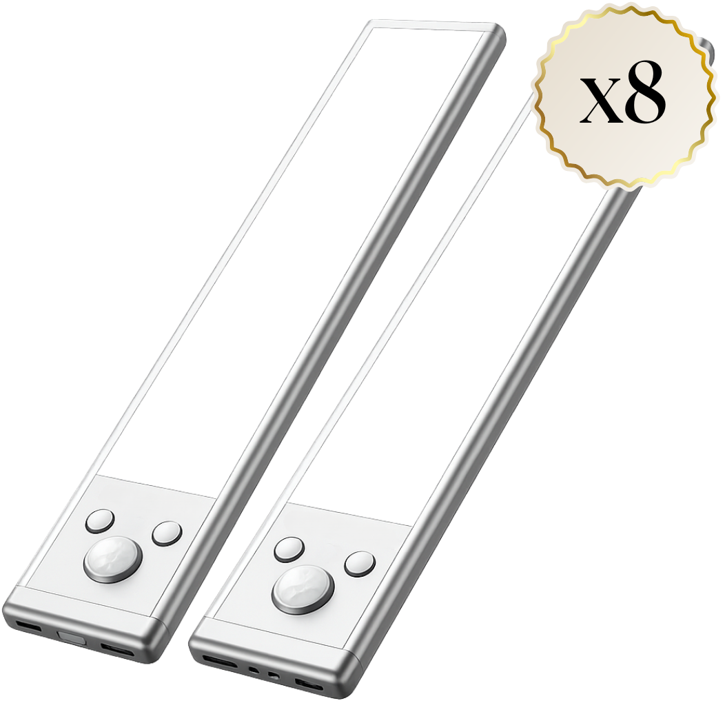 Two silver LED stick-on lights with a clear background