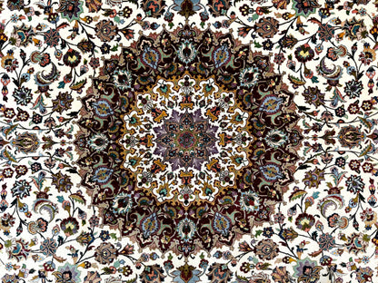 Persian Tabriz Rug 8x11, Floral Medallion Traditional Area Rug, Fine 300 KPSI, Ivory Maroon - Nuvé