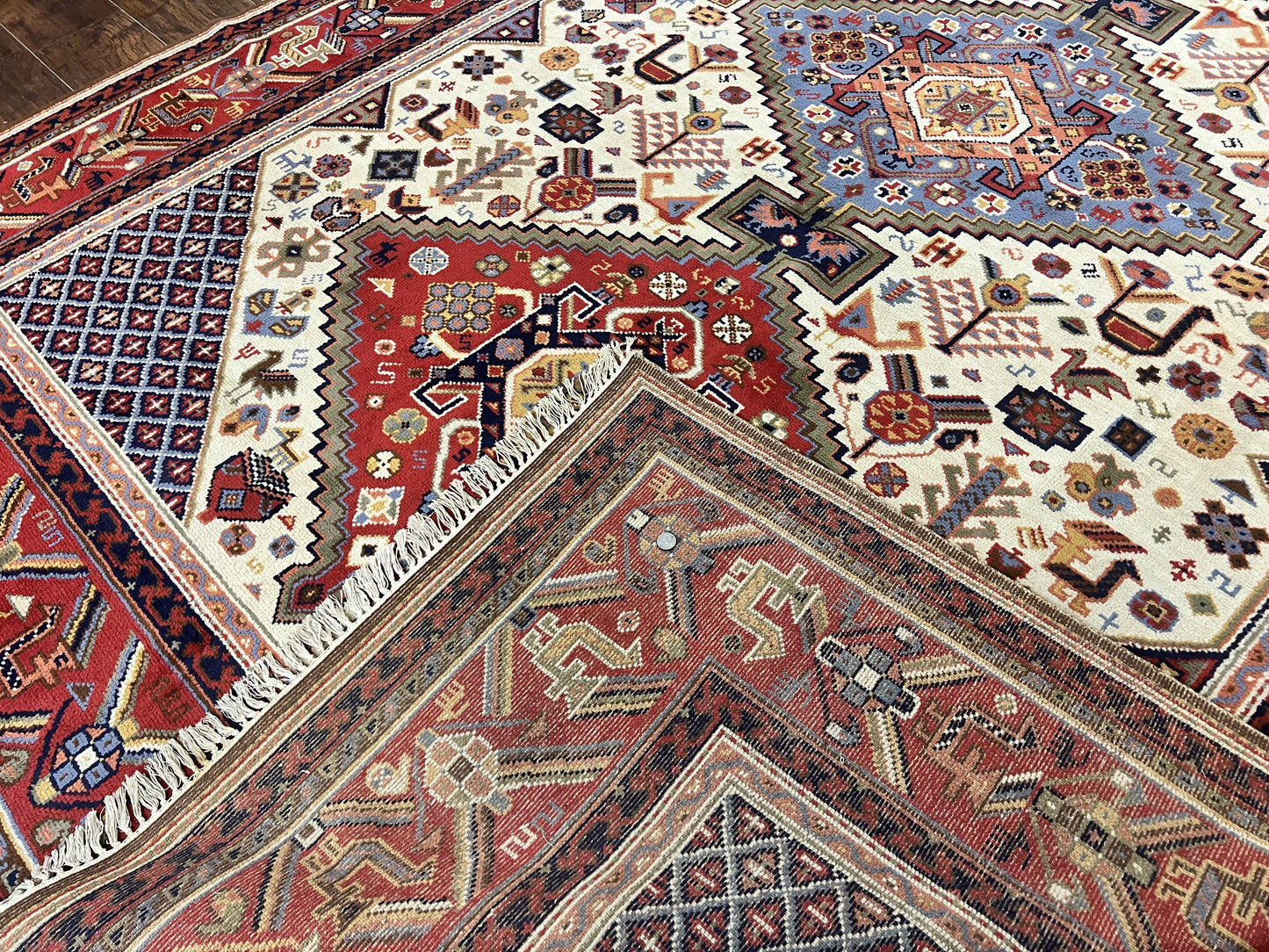 Belgium Power Loomed Rug 8x12, Geometric Medallions Persian Tribal Pattern, Vintage Wool Carpet, Ivory Red Blue - Nuvé