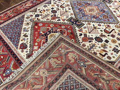Belgium Power Loomed Rug 8x12, Geometric Medallions Persian Tribal Pattern, Vintage Wool Carpet, Ivory Red Blue - Nuvé