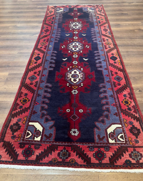 Persian Karajeh Runner Rug 3.6 x 9.5, Geometric Medallions, Tribal Village Rug, Navy Blue, Handmade - Nuvé