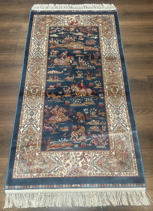 Turkish Silk Hunting Scene Rug 2.6 x 5, Dark Steel Blue & Ivory, Bamboo Silk, New - Nuvé