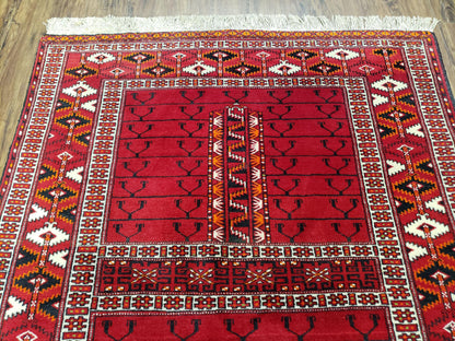 Antique Persian Turkoman Rug 4x5, Hatchli Tekkeh Ersari Red Tribal Rug, Handmade Wool Oriental Carpet, Four Seasons Rug - Nuvé