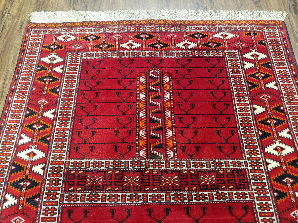 Antique Persian Turkoman Rug 4x5, Hatchli Tekkeh Ersari Red Tribal Rug, Handmade Wool Oriental Carpet, Four Seasons Rug