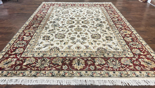 Indo Persian Rug 8x10, Wool Hand Knotted Vintage Carpet, Ivory Maroon, 8 x 10 Traditional Oriental Rug, Floral Allover Rug - Nuvé
