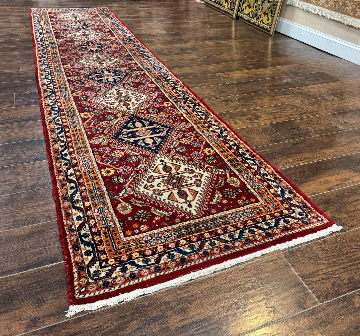 Antique Persian Qashqai Runner Rug 3 x 13 ft, Tribal Runner, Geometric Medallions, Red Ivory Blue, Wool - Nuvé
