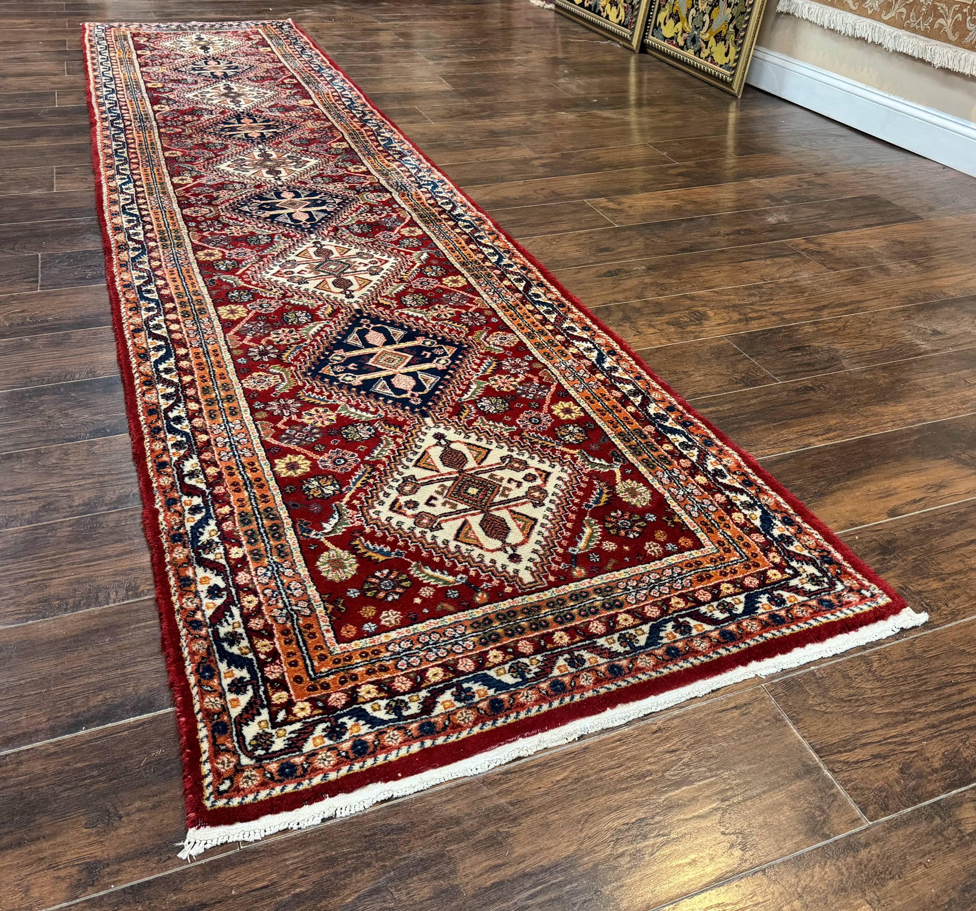 Antique Persian Qashqai Runner Rug 3 x 13 ft, Tribal Runner, Geometric Medallions, Red Ivory Blue, Wool - Nuvé