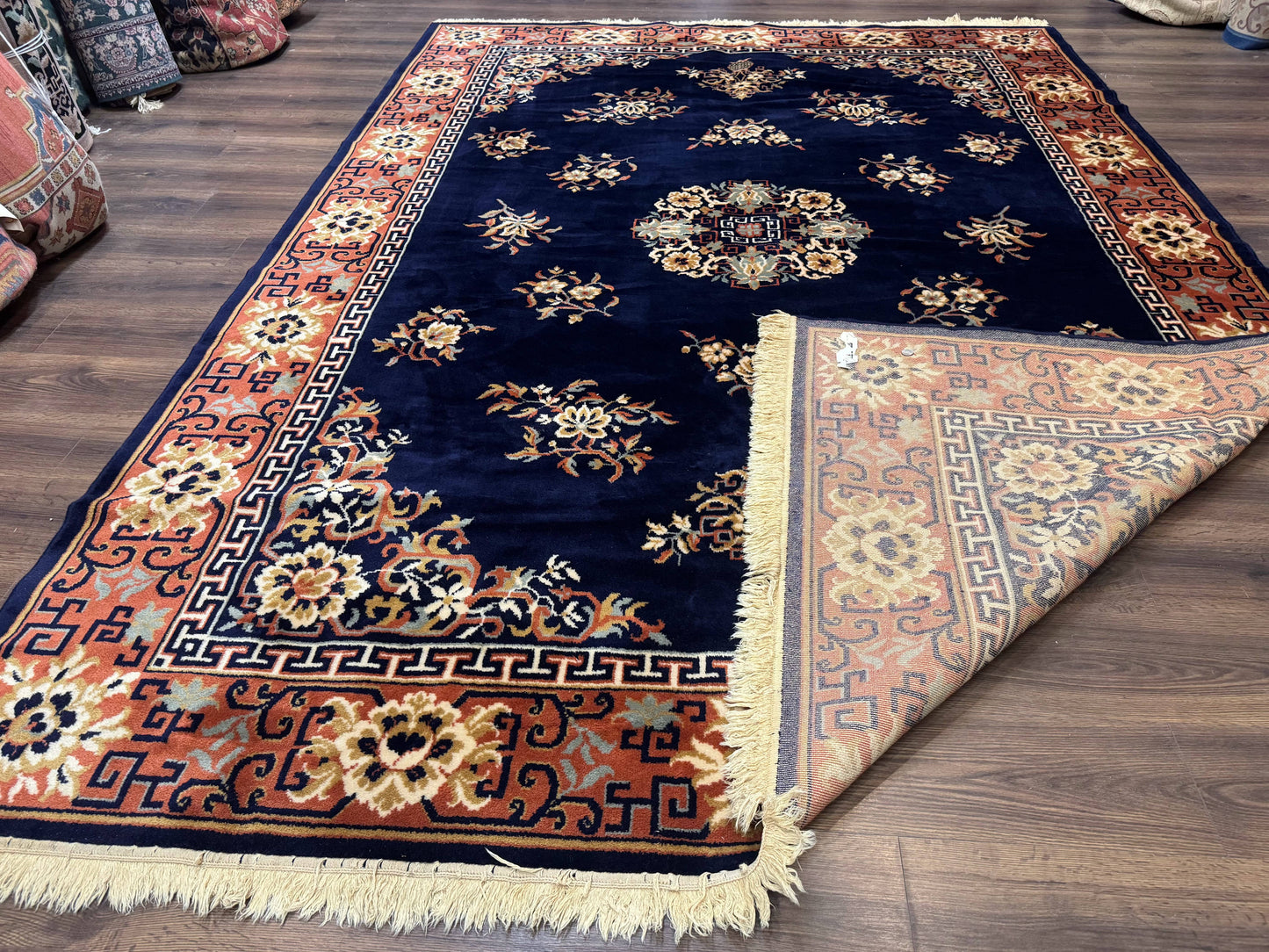Chinese Wool Rug 8x11, Navy Blue and Terracotta, Floral, Couristan Belgium Power Loomed Carpet - Nuvé