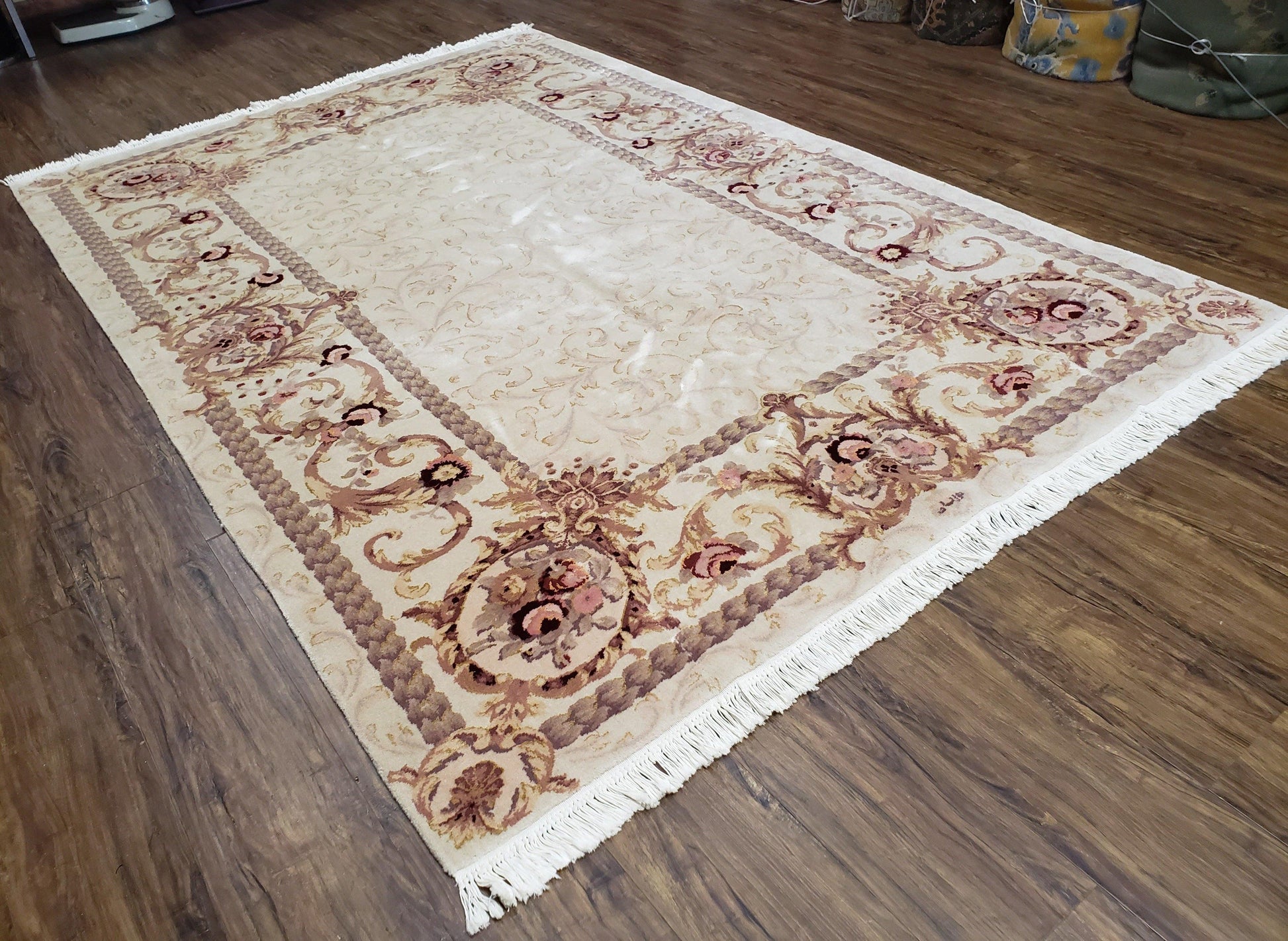 Vintage Ivory Chinese Aubusson Area Rug 6x9, Wool & Silk, Hand-Knotted 120 Line Fine Rug, European Design Carpet, 6 x 9 Master Signature Rug - Nuvé