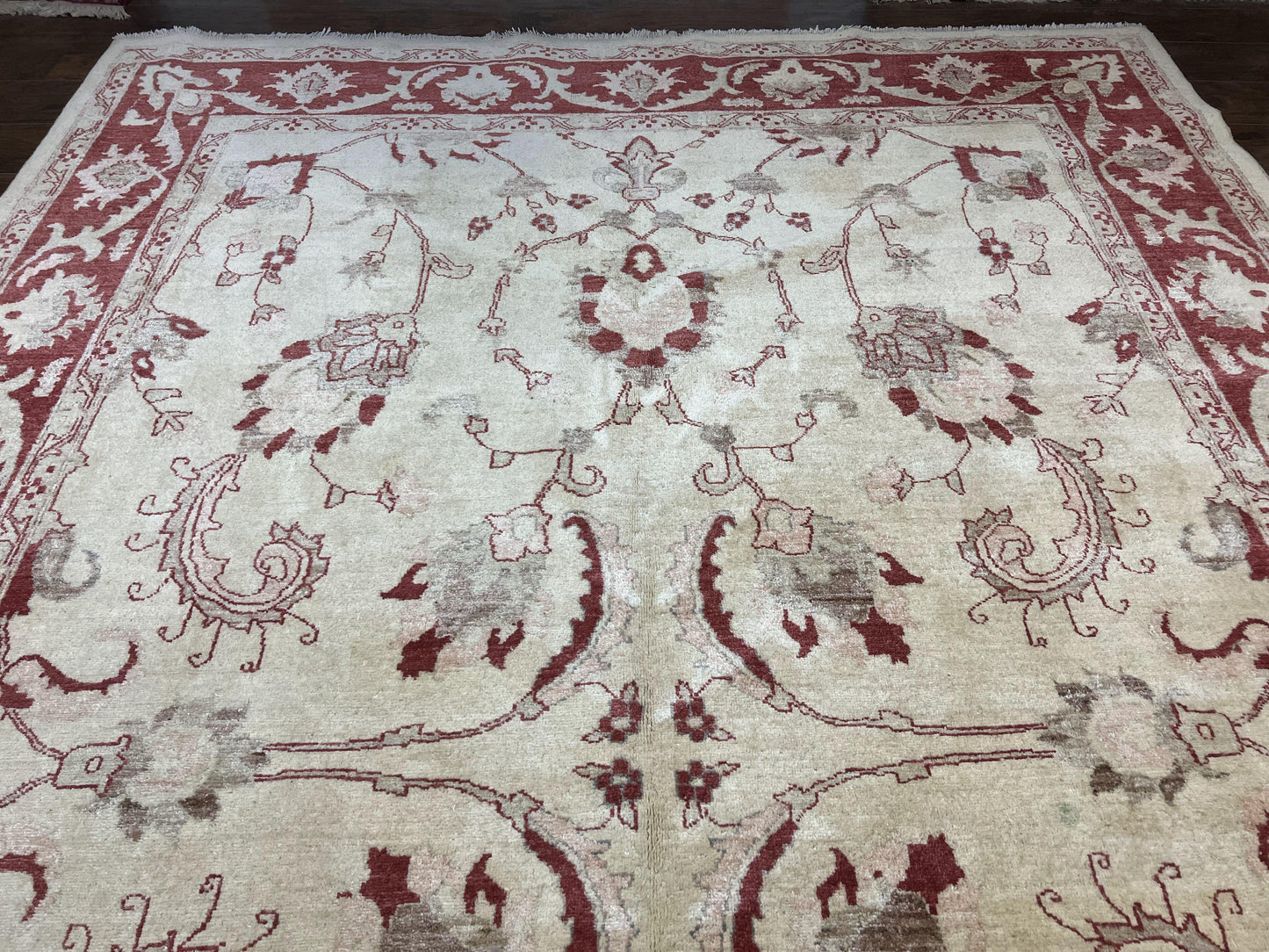 Peshawar Rug 8x12 Pakistani Carpet, Oriental Rug 8 x 12 Chobi Rug, Beige and Red, Allover Large Floral Design, Hand Knotted Vintage Wool - Nuvé