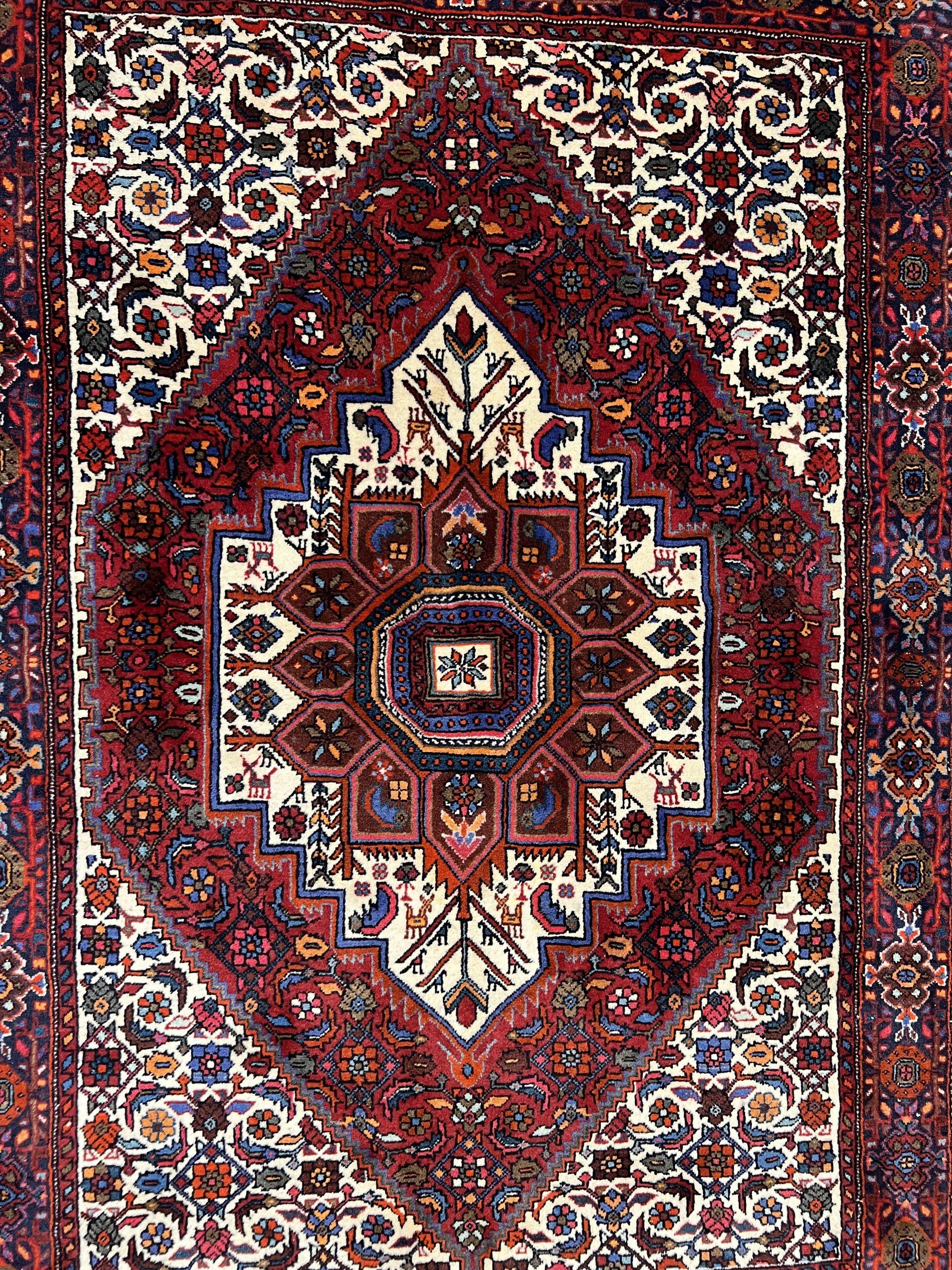 Fine Persian Bidjar Rug 3x5, Geometric Medallion Oriental Bijar Carpet 3 x 5 ft, Ruby Red and Cream, Hand Knotted Wool Rug, Semi Antique Tribal Rug, Nice - Nuvé