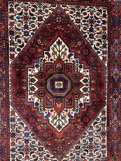 Fine Persian Bidjar Rug 3x5, Geometric Medallion Oriental Bijar Carpet 3 x 5 ft, Ruby Red and Cream, Hand Knotted Wool Rug, Semi Antique Tribal Rug, Nice - Nuvé