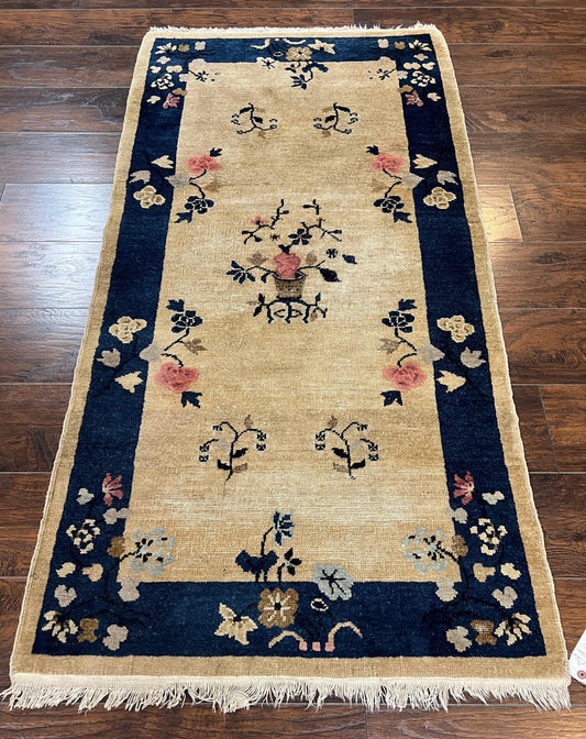 Antique Chinese Peking Rug 3x6, Beige and Dark Blue Hand Knotted Handmade Asian Oriental Carpet, Floral Vases, Vintage Wool Art Deco Rug - Nuvé