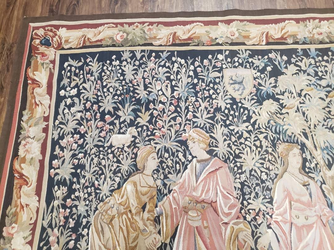 Vintage European Tapestry 5.4 x 7.11, Antique Style European Wall Hanging, Aubusson Weave Handmade Tapestry, Courtship Dating Scene, Animals - Nuvé
