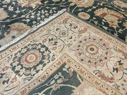 Egyptian Mahal Rug 10x14, Large Vintage Floral Hand Knotted Wool Carpet 10 x 14, Dark Green and Beige Traditional Handmade Persian Area Rug - Nuvé