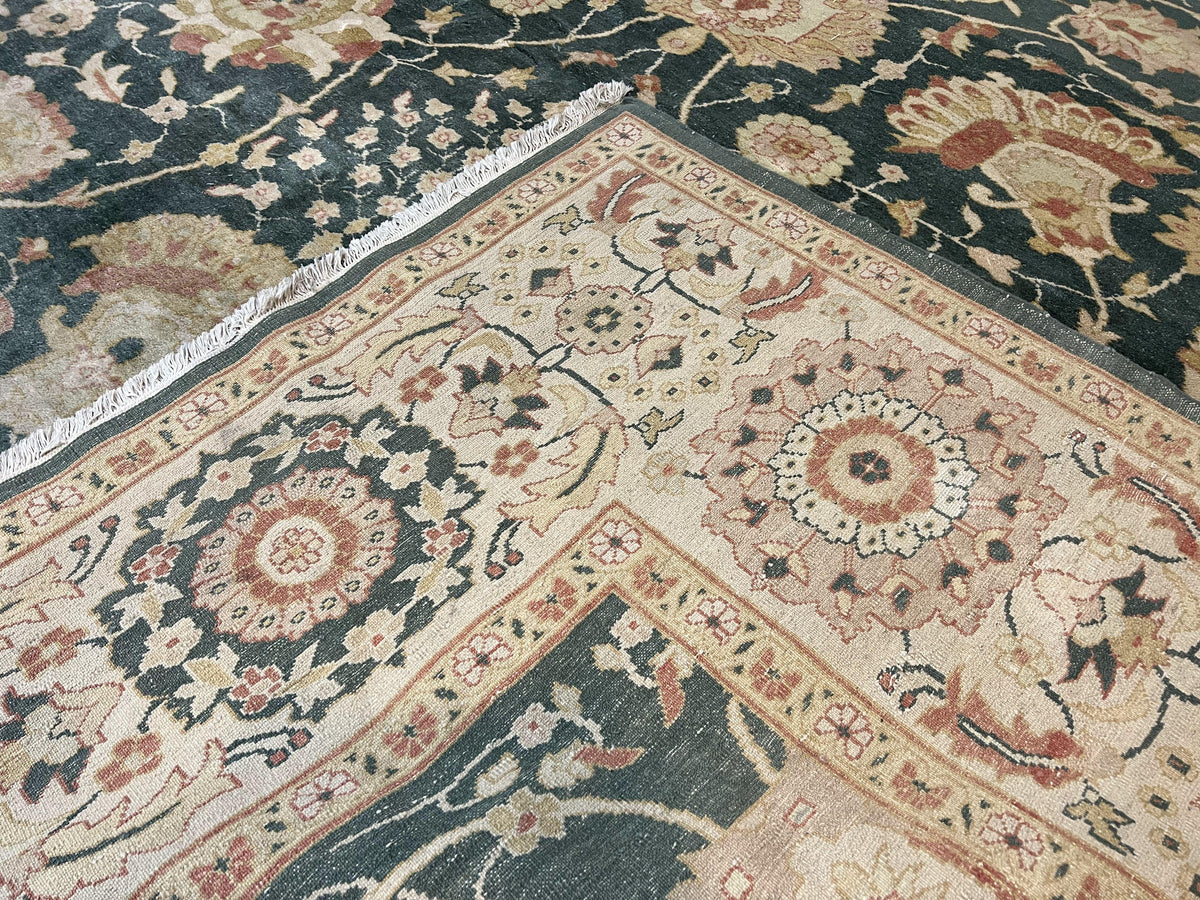 Egyptian Mahal Rug 10x14, Large Vintage Floral Hand Knotted Wool Carpet 10 x 14, Dark Green and Beige Traditional Handmade Persian Area Rug