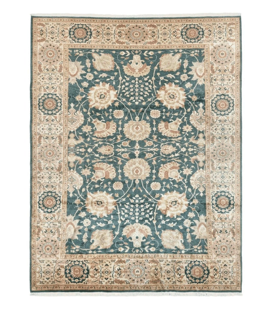 Egyptian Mahal Rug 10x14, Large Vintage Floral Hand Knotted Wool Carpet 10 x 14, Dark Green and Beige Traditional Handmade Persian Area Rug