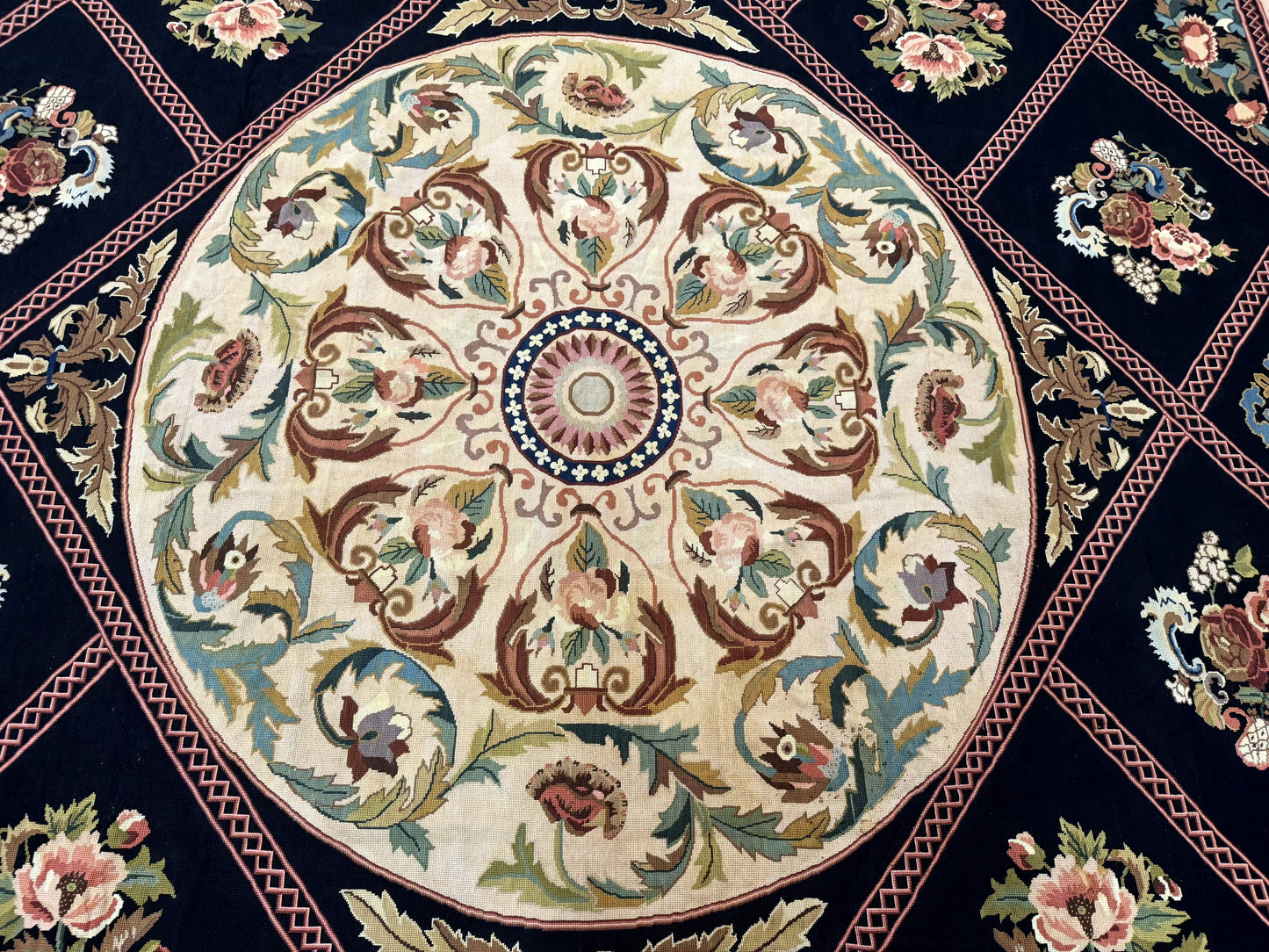 Palace Size Needlepoint Rug 12x20, European French English Aubusson Floral Design, Black and Beige - Nuvé