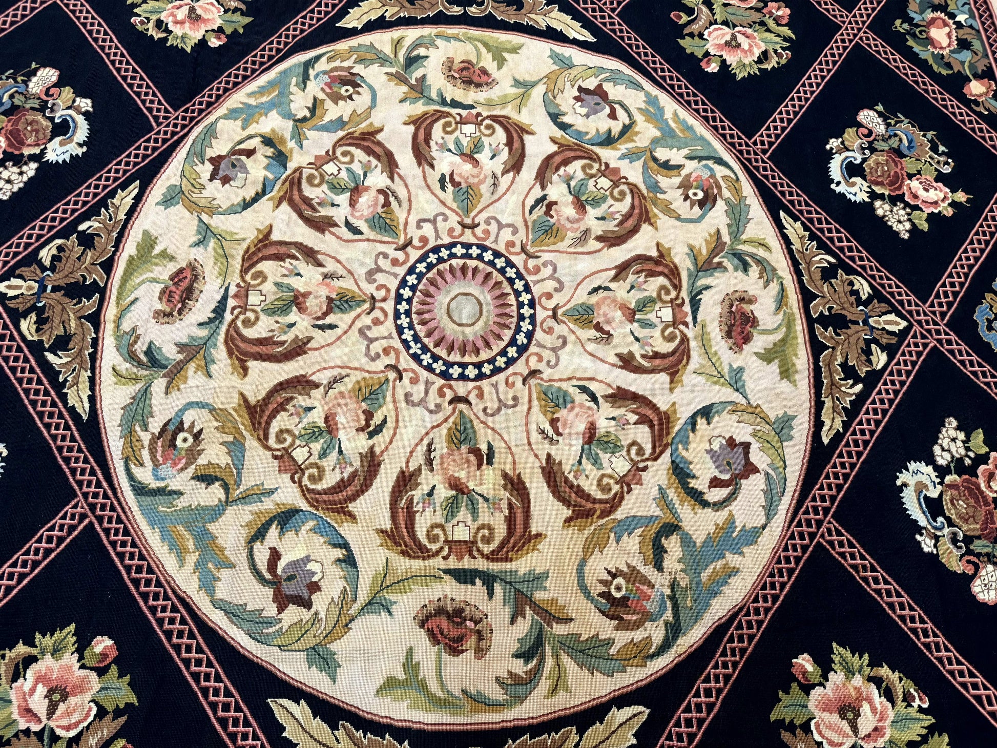 Palace Size Needlepoint Rug 12x20, European French English Aubusson Floral Design, Black and Beige - Nuvé