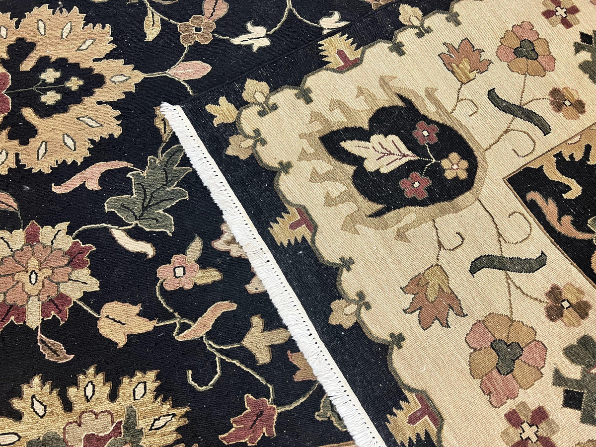 Handmade Indo Persian wool rug, 10x14 floral Oriental carpet in black and beige, Indian Mahal flatweave design by Jewel Rugs.