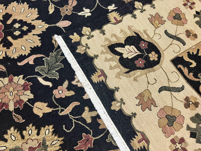 Handmade Indo Persian wool rug, 10x14 floral Oriental carpet in black and beige, Indian Mahal flatweave design by Jewel Rugs.