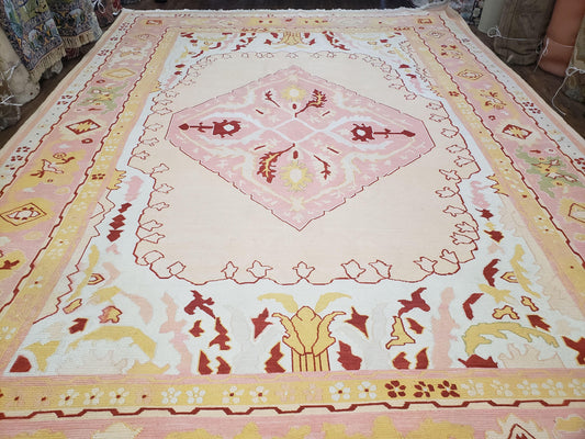 Large Turkish Kilim Carpet 10x14, Vintage Hand-Knotted Turkish Kilim Rug 10 x 14, Pink Cream Yellow Red, Decorative, Geometric, Unique - Nuvé