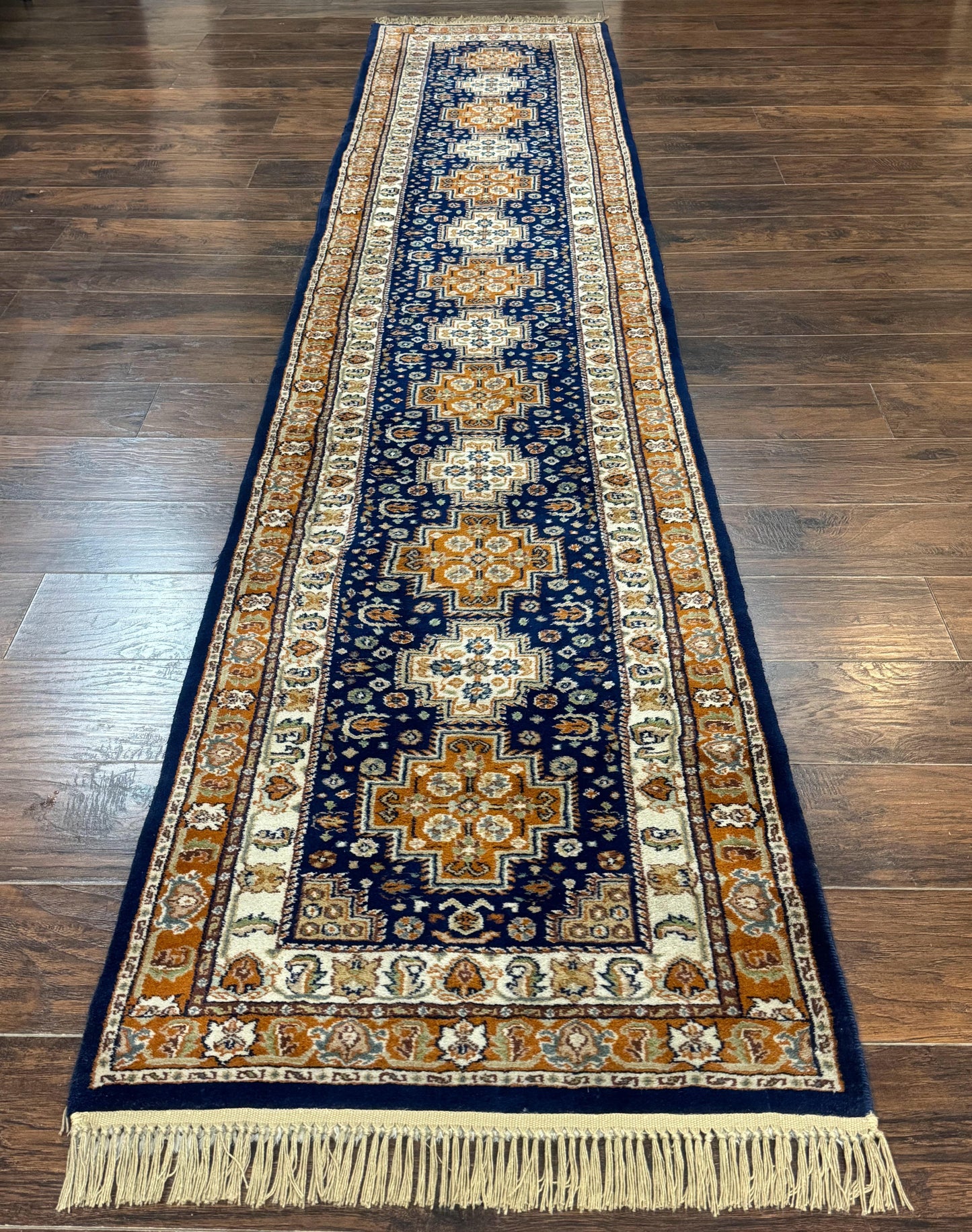 Indo Persian Runner Rug 2.6 x 12.7, Indian Kashmiri Runner for Hallway or Kitchen, Navy Blue, Geometric Medallions, Handmade Wool - Nuvé