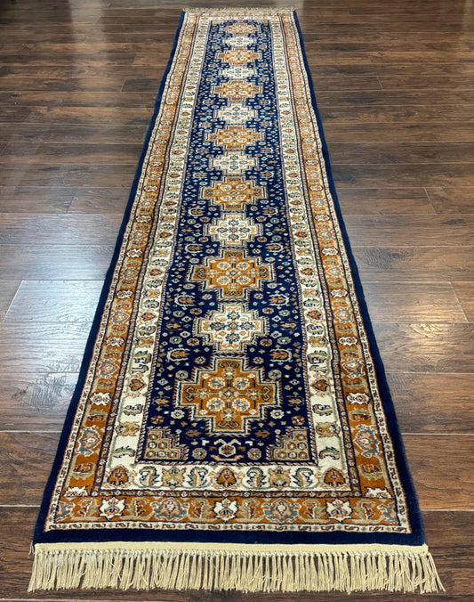 Indo Persian Runner Rug 2.6 x 12.7, Indian Kashmiri Runner for Hallway or Kitchen, Navy Blue, Geometric Medallions, Handmade Wool - Nuvé